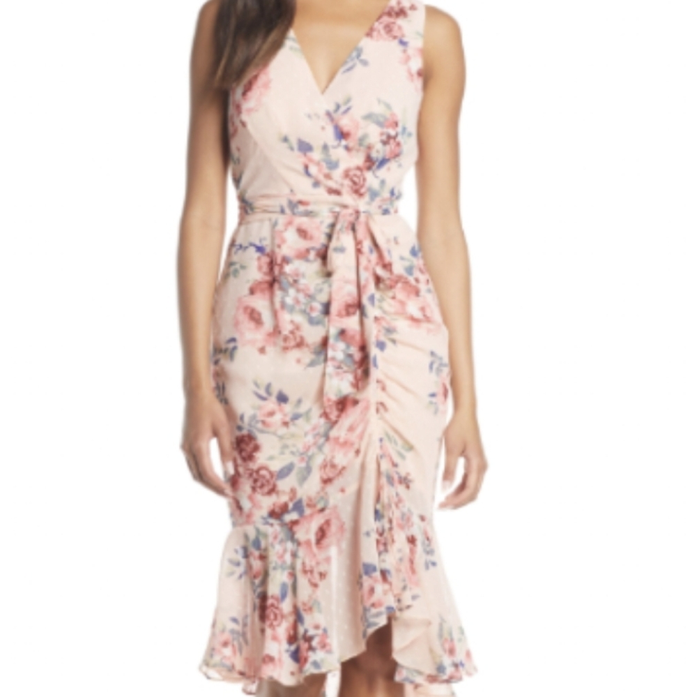 ELIZA J Floral Ruched Chiffon Faux Wrap Dress